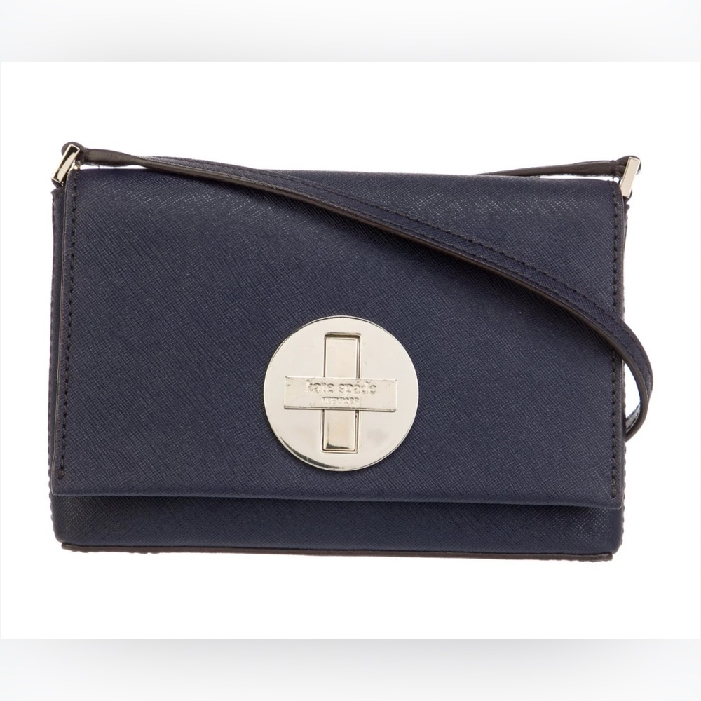 Kate Spade Sally Newbury Lane Crossbody Bag Navy Saffiano Leather Silver Accents
